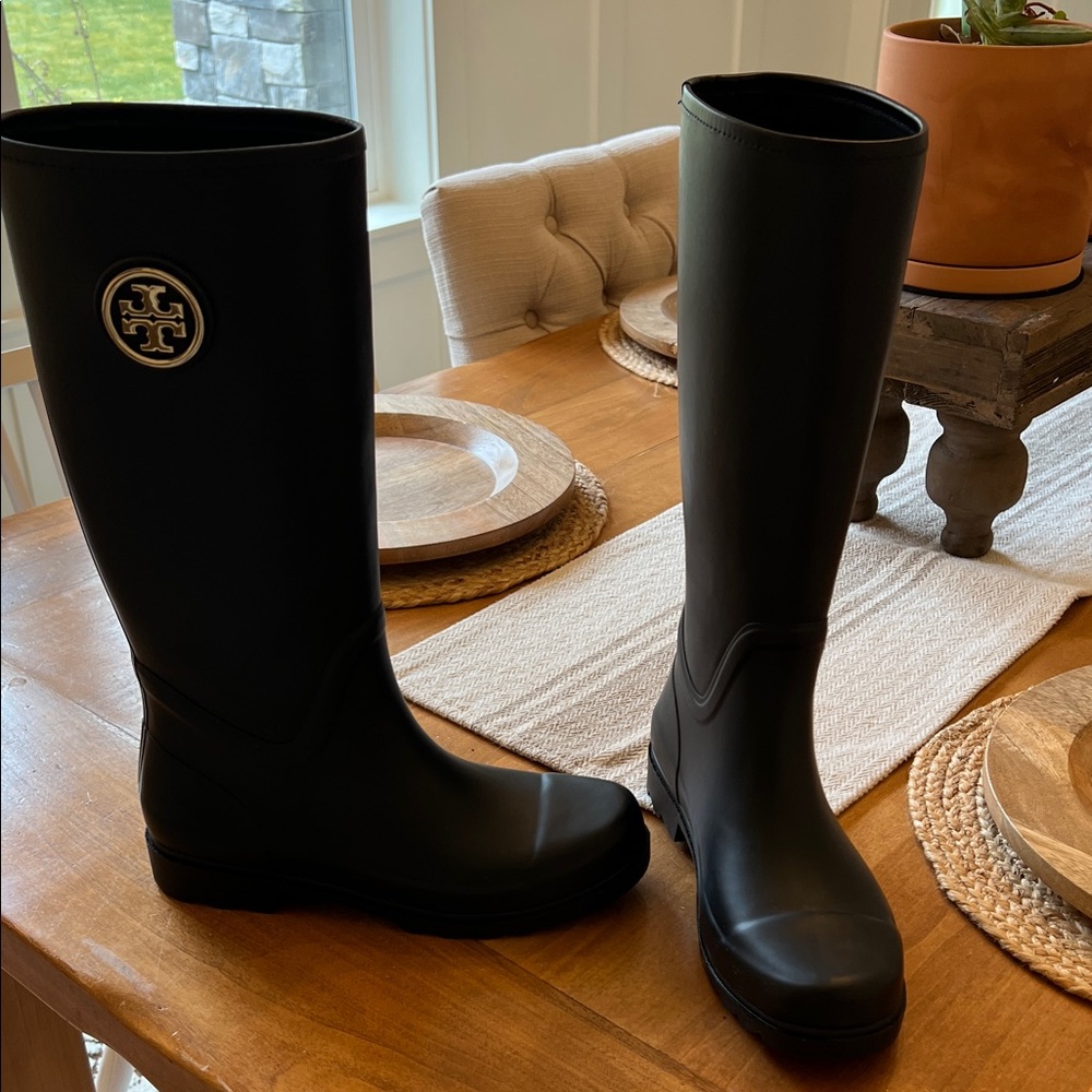 Tory Burch Navy Blue Tall Logo Rain Boots